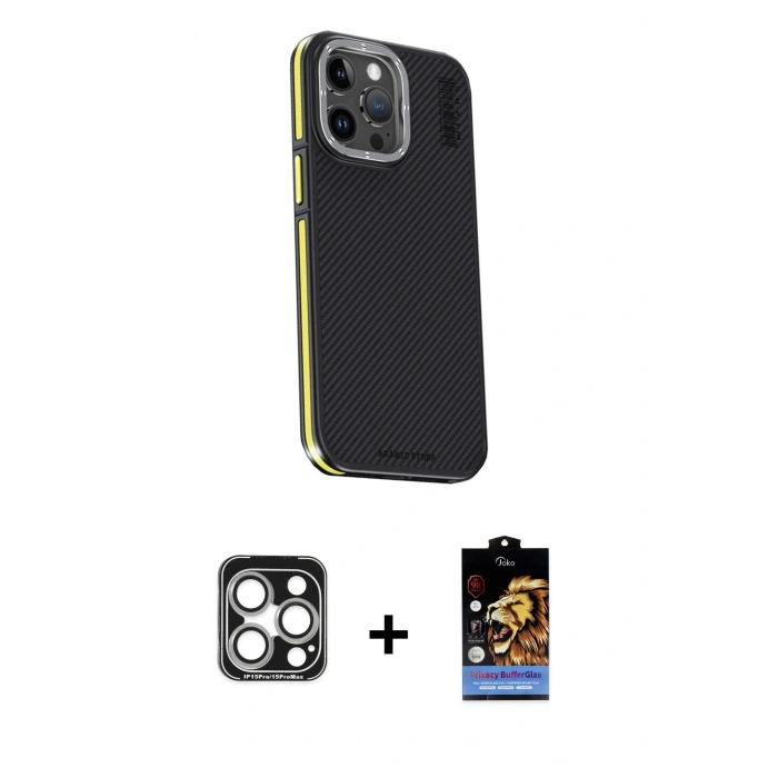 MARSİLYAN™- iPhone 15 Pro Max Kılıf Kıvılcım Modern Özel Seri - Siyah Buffer Hayalet Cam Ekran Koruyucu + Gümüş PVD Metal Kamera Lens