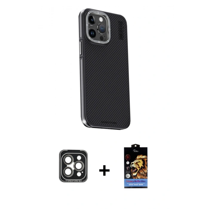 MARSİLYAN™- iPhone 15 Pro Max Kılıf Kıvılcım Modern Özel Seri - Siyah Buffer Hayalet Cam Ekran Koruyucu + PVD Metal Kamera Lens - GI