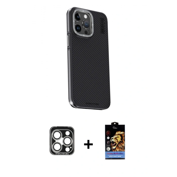 MARSİLYAN™- iPhone 15 Pro Max Kılıf Kıvılcım Modern Özel Seri - Siyah Buffer Hayalet Cam Ekran Koruyucu + Gümüş PVD Metal Kamera Lens