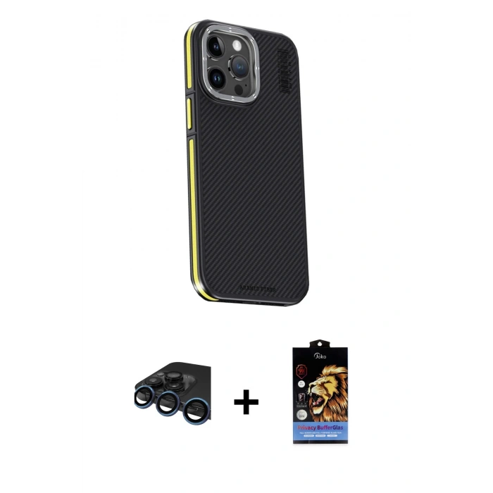 MARSİLYAN™- iPhone 15 Pro Max Kılıf Kıvılcım Modern Özel Seri - Siyah Buffer Hayalet Cam Ekran Koruyucu + Raze Metal Kamera Lens - LT