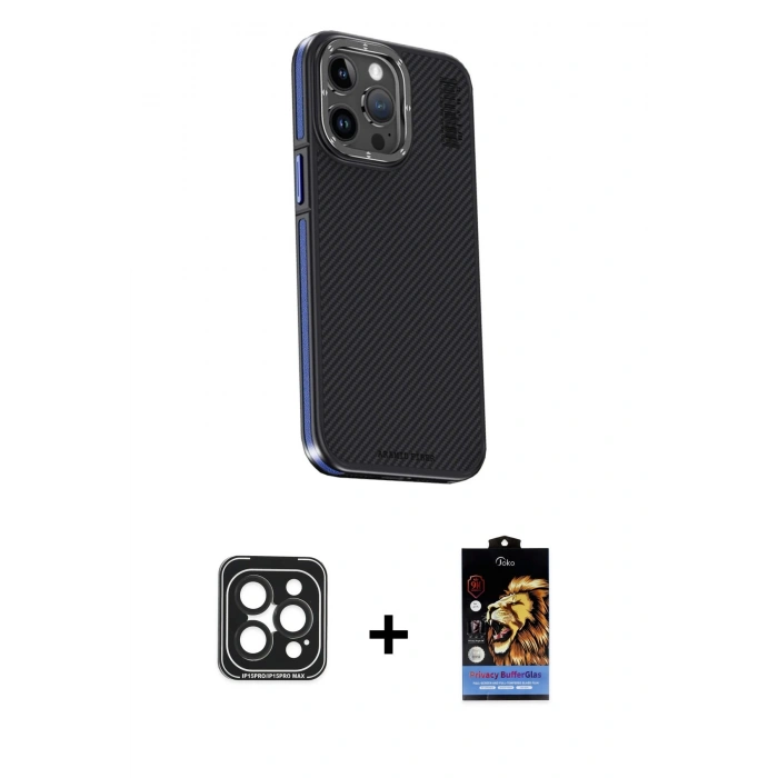 MARSİLYAN™- iPhone 15 Pro Max Kılıf Kıvılcım Modern Özel Seri - Siyah Buffer Hayalet Cam Ekran Koruyucu + PVD Metal Kamera Lens - SH