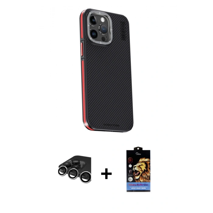 MARSİLYAN™- iPhone 15 Pro Max Kılıf Kıvılcım Modern Özel Seri - Siyah Buffer Hayalet Cam Ekran Koruyucu + Raze Metal Kamera Lens - GS
