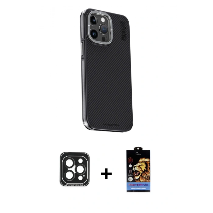 MARSİLYAN™- iPhone 15 Pro Max Kılıf Kıvılcım Modern Özel Seri - Siyah Buffer Hayalet Cam Ekran Koruyucu + PVD Metal Kamera Lens - SH
