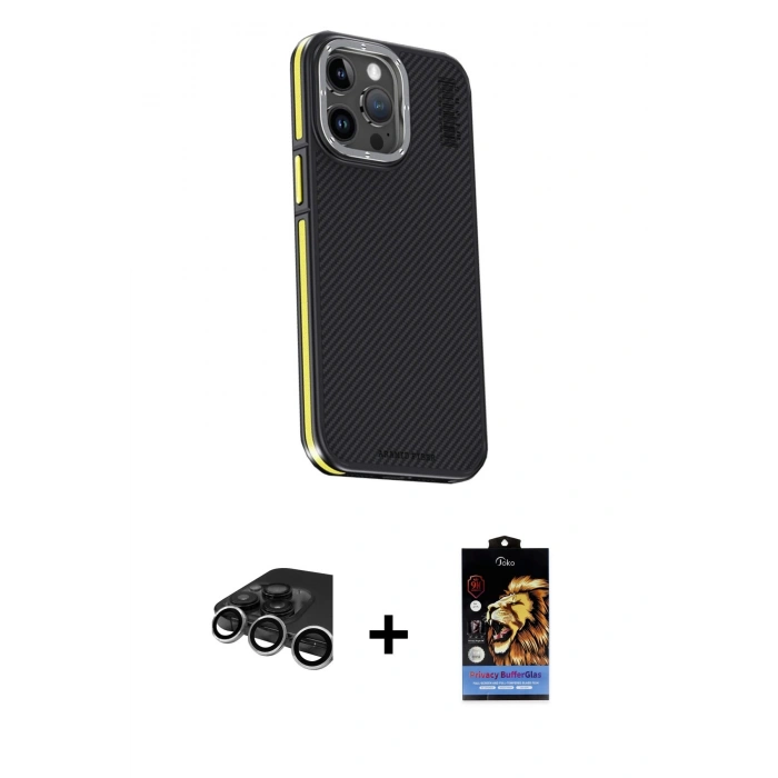 MARSİLYAN™- iPhone 15 Pro Max Kılıf Kıvılcım Modern Özel Seri - Siyah Buffer Hayalet Cam Ekran Koruyucu + Raze Metal Kamera Lens - GS