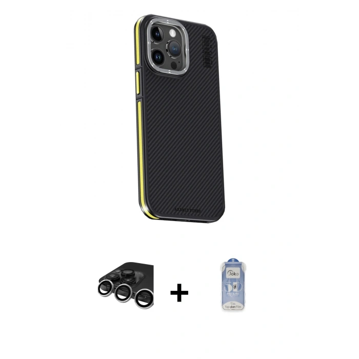 MARSİLYAN™- iPhone 15 Pro Max Kılıf Kıvılcım Modern Özel Seri - Siyah Joko Magic 5D Cam + Gümüş Raze Metal Kamera Lens