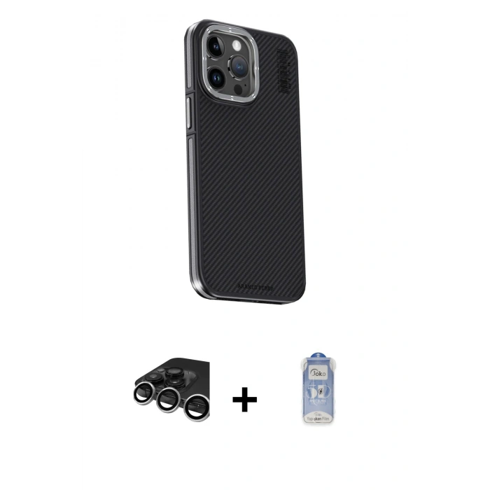 MARSİLYAN™- iPhone 15 Pro Max Kılıf Kıvılcım Modern Özel Seri - Siyah Joko Magic 5D Cam + Gümüş Raze Metal Kamera Lens