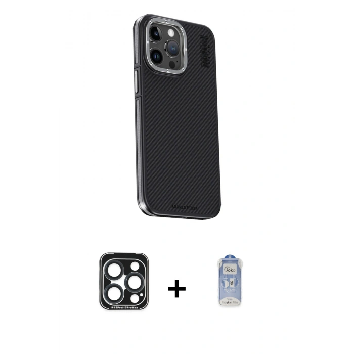 MARSİLYAN™- iPhone 15 Pro Max Kılıf Kıvılcım Modern Özel Seri - Siyah Joko Magic 5D Cam + PVD Metal Kamera Lens - LT