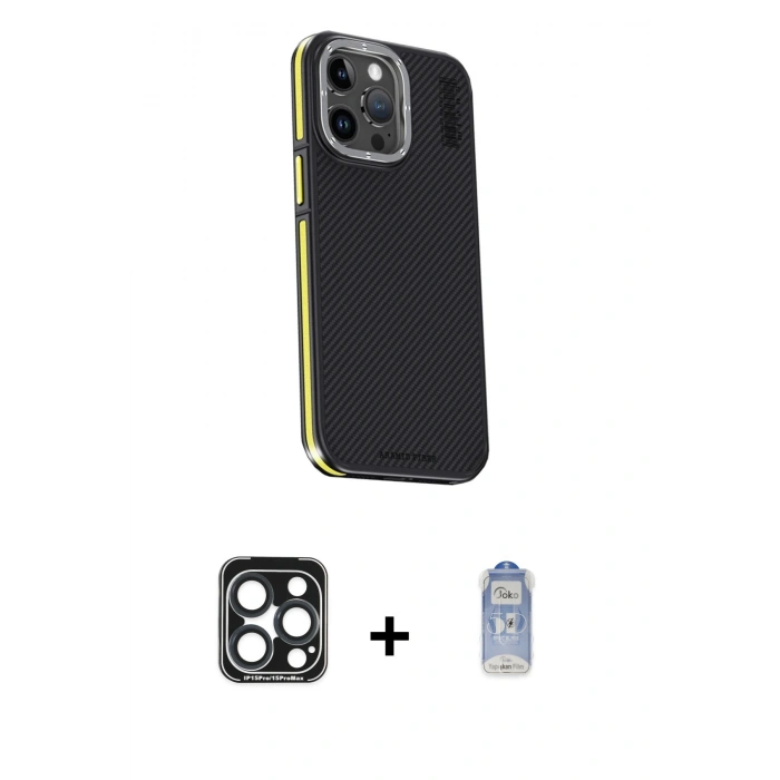 MARSİLYAN™- iPhone 15 Pro Max Kılıf Kıvılcım Modern Özel Seri - Siyah Joko Magic 5D Cam + PVD Metal Kamera Lens - LT