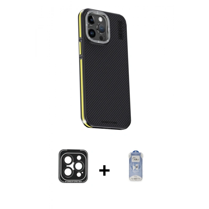 MARSİLYAN™- iPhone 15 Pro Max Kılıf Kıvılcım Modern Özel Seri - Siyah Joko Magic 5D Cam + PVD Metal Kamera Lens - SH