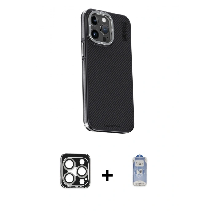 MARSİLYAN™- iPhone 15 Pro Max Kılıf Kıvılcım Modern Özel Seri - Siyah Joko Magic 5D Cam + PVD Metal Kamera Lens - GS