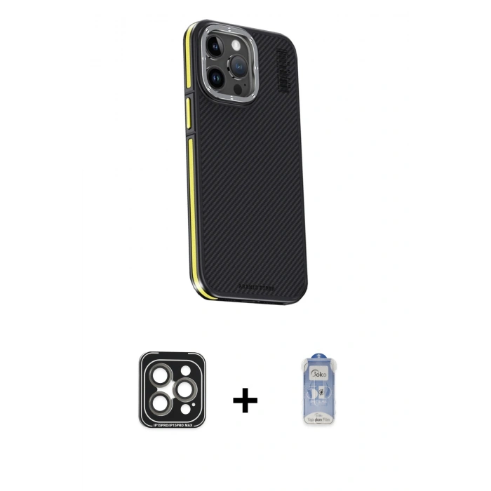 MARSİLYAN™- iPhone 15 Pro Max Kılıf Kıvılcım Modern Özel Seri - Siyah Joko Magic 5D Cam + PVD Metal Kamera Lens - GI