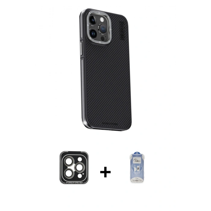 MARSİLYAN™- iPhone 15 Pro Max Kılıf Kıvılcım Modern Özel Seri - Siyah Joko Magic 5D Cam + PVD Metal Kamera Lens - GI