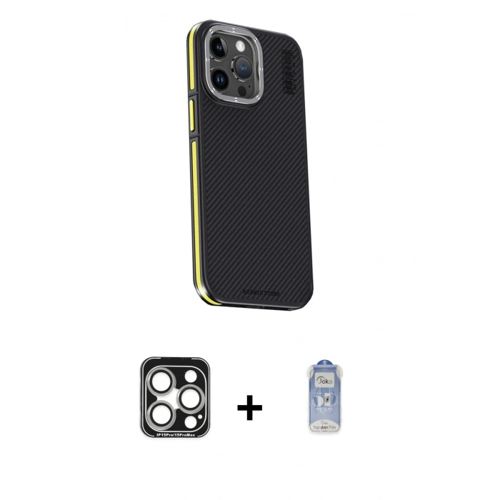 MARSİLYAN™- iPhone 15 Pro Max Kılıf Kıvılcım Modern Özel Seri - Siyah Joko Magic 5D Cam + PVD Metal Kamera Lens - GS