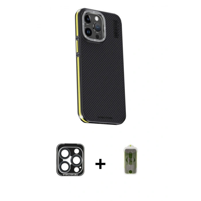 MARSİLYAN™- iPhone 15 Pro Max Kılıf Kıvılcım Modern Özel Seri - Siyah Joko Magic 5D Hayalet Cam + PVD Metal Kamera Lens - LT