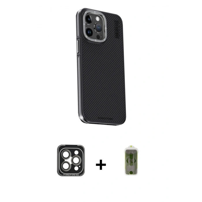 MARSİLYAN™- iPhone 15 Pro Max Kılıf Kıvılcım Modern Özel Seri - Siyah Joko Magic 5D Hayalet Cam + PVD Metal Kamera Lens - GI