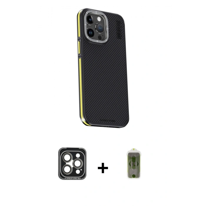 MARSİLYAN™- iPhone 15 Pro Max Kılıf Kıvılcım Modern Özel Seri - Siyah Joko Magic 5D Hayalet Cam + PVD Metal Kamera Lens - GI