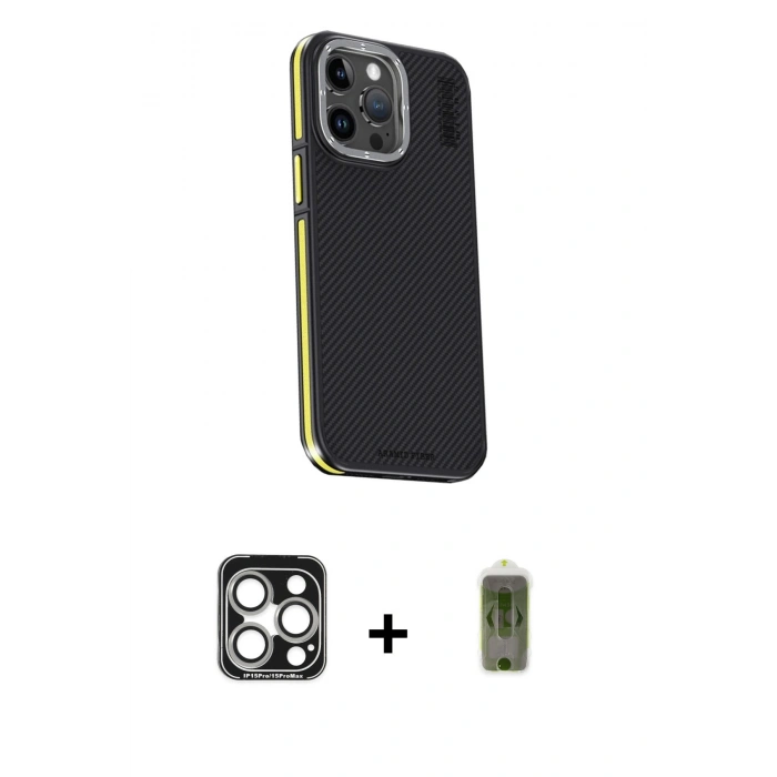 MARSİLYAN™- iPhone 15 Pro Max Kılıf Kıvılcım Modern Özel Seri - Siyah Joko Magic 5D Hayalet Cam + PVD Metal Kamera Lens - GS