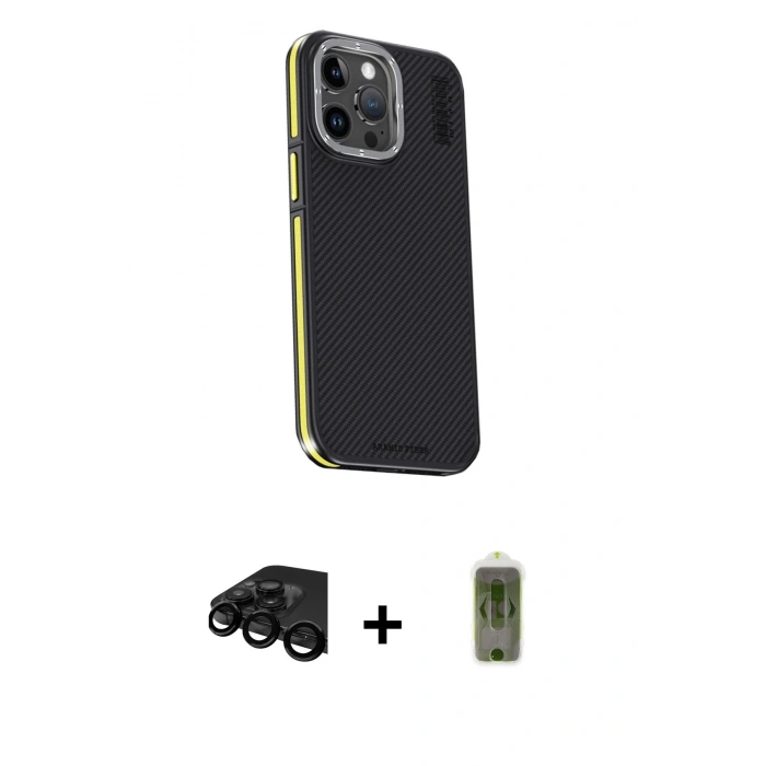 MARSİLYAN™- iPhone 15 Pro Max Kılıf Kıvılcım Modern Özel Seri - Siyah Joko Magic 5D Hayalet Cam + Raze Metal Kamera Lens - SH