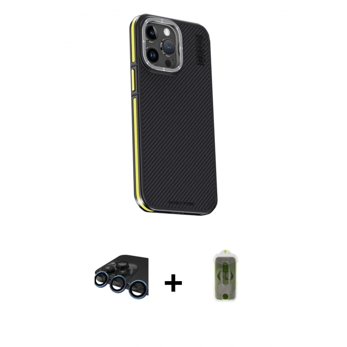 MARSİLYAN™- iPhone 15 Pro Max Kılıf Kıvılcım Modern Özel Seri - Siyah Joko Magic 5D Hayalet Cam + Raze Metal Kamera Lens - LT