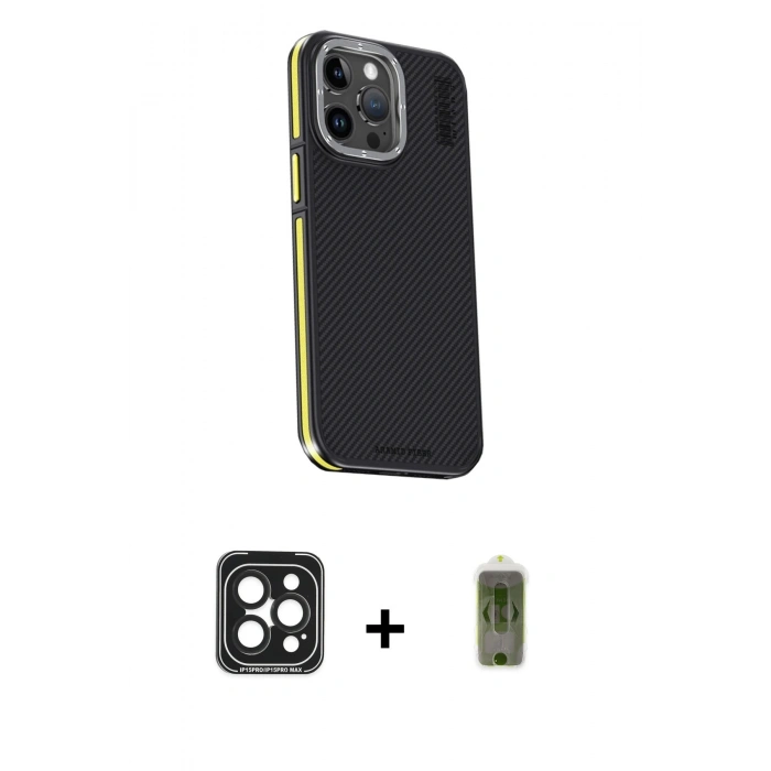 MARSİLYAN™- iPhone 15 Pro Max Kılıf Kıvılcım Modern Özel Seri - Siyah Joko Magic 5D Hayalet Cam + PVD Metal Kamera Lens - SH