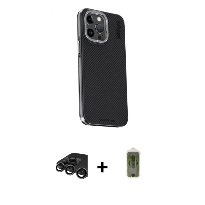 MARSİLYAN™- iPhone 15 Pro Max Kılıf Kıvılcım Modern Özel Seri - Siyah Joko Magic 5D Hayalet Cam + Raze Metal Kamera Lens - TMGI