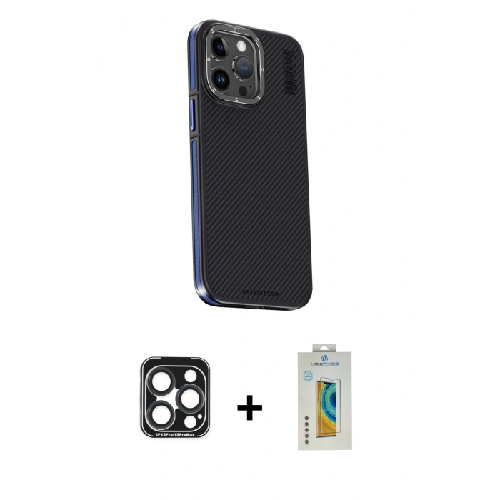 MARSİLYAN™- iPhone 15 Pro Max Kılıf Kıvılcım Modern Özel Seri - Siyah Polymer Nano Ekran Koruyucu + PVD Metal Kamera Lens - LT