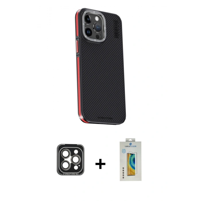 MARSİLYAN™- iPhone 15 Pro Max Kılıf Kıvılcım Modern Özel Seri - Siyah Polymer Nano Ekran Koruyucu + PVD Metal Kamera Lens - GI