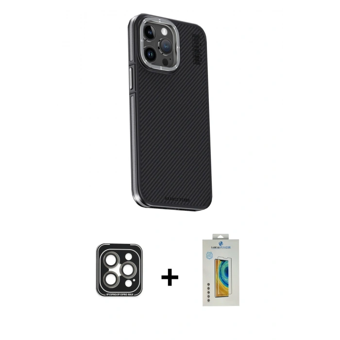MARSİLYAN™- iPhone 15 Pro Max Kılıf Kıvılcım Modern Özel Seri - Siyah Polymer Nano Ekran Koruyucu + PVD Metal Kamera Lens - GI