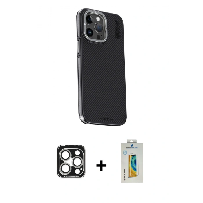 MARSİLYAN™- iPhone 15 Pro Max Kılıf Kıvılcım Modern Özel Seri - Siyah Polymer Nano Ekran Koruyucu + PVD Metal Kamera Lens - GS