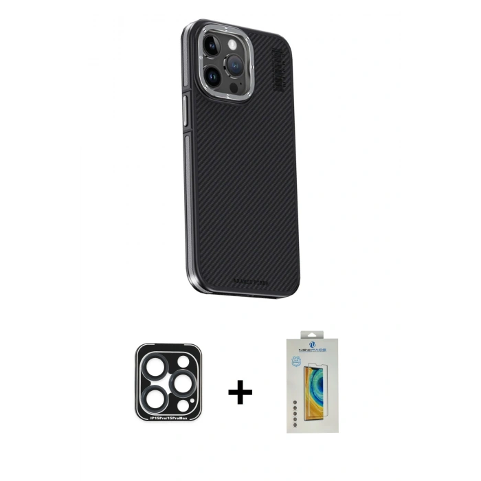 MARSİLYAN™- iPhone 15 Pro Max Kılıf Kıvılcım Modern Özel Seri - Siyah Polymer Nano Ekran Koruyucu + PVD Metal Kamera Lens - LT