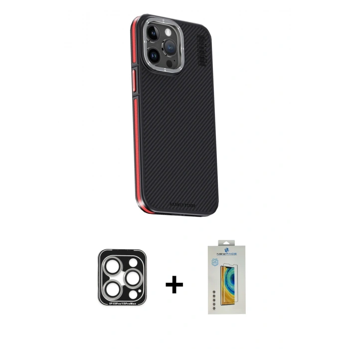 MARSİLYAN™- iPhone 15 Pro Max Kılıf Kıvılcım Modern Özel Seri - Siyah Polymer Nano Ekran Koruyucu + PVD Metal Kamera Lens - GS