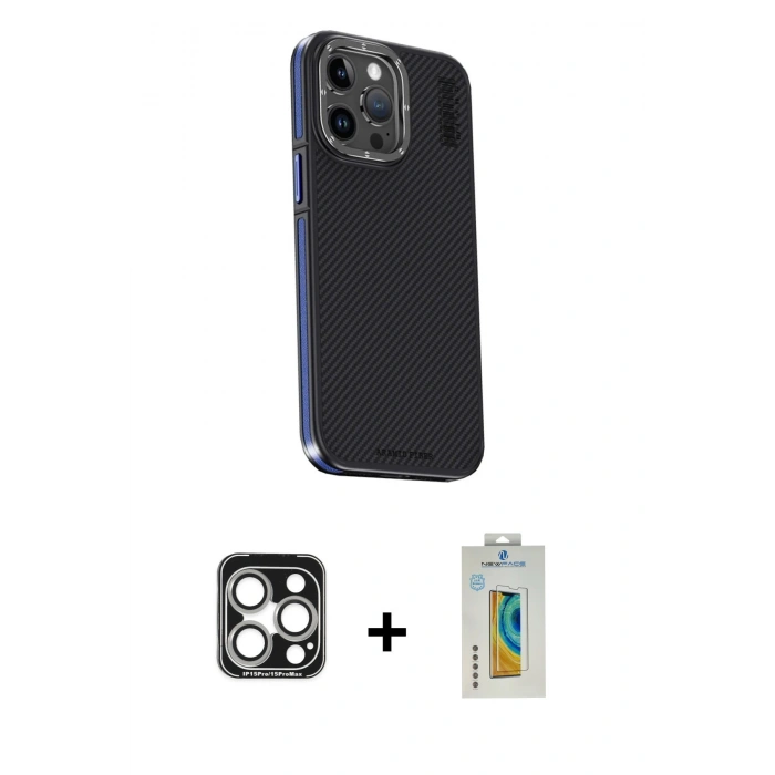 MARSİLYAN™- iPhone 15 Pro Max Kılıf Kıvılcım Modern Özel Seri - Siyah Polymer Nano Ekran Koruyucu + PVD Metal Kamera Lens - GS