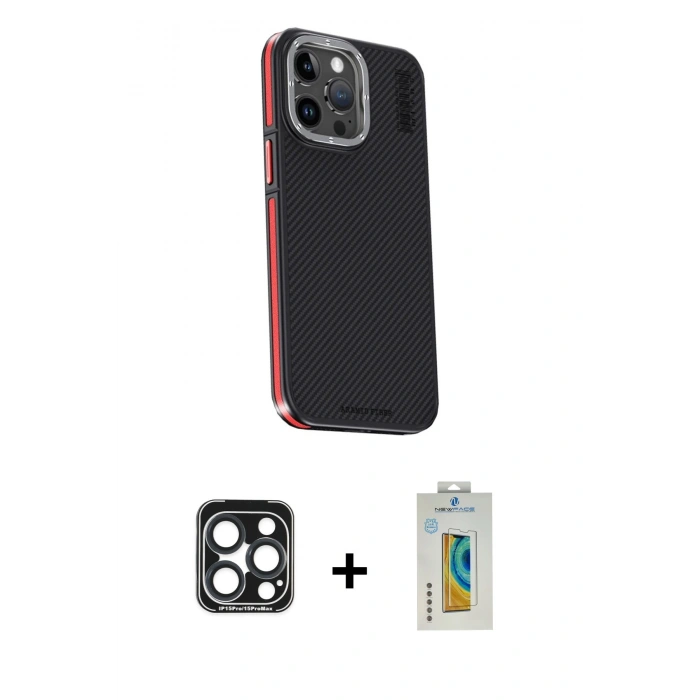 MARSİLYAN™- iPhone 15 Pro Max Kılıf Kıvılcım Modern Özel Seri - Siyah Polymer Nano Ekran Koruyucu + PVD Metal Kamera Lens - LT