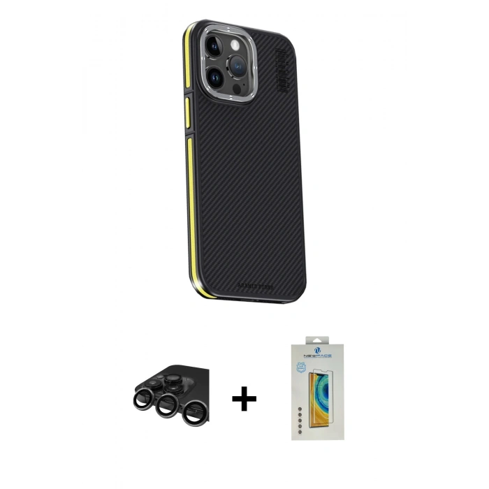 MARSİLYAN™- iPhone 15 Pro Max Kılıf Kıvılcım Modern Özel Seri - Siyah Polymer Nano Ekran Koruyucu + Raze Metal Kamera Lens - TMGI