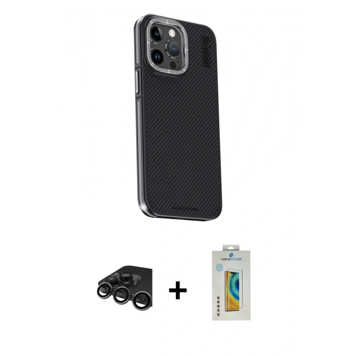 MARSİLYAN™- iPhone 15 Pro Max Kılıf Kıvılcım Modern Özel Seri - Siyah Polymer Nano Ekran Koruyucu + Raze Metal Kamera Lens - TMGI
