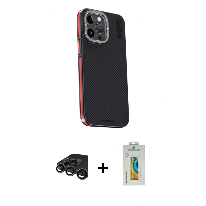 MARSİLYAN™- iPhone 15 Pro Max Kılıf Kıvılcım Modern Özel Seri - Siyah Polymer Nano Ekran Koruyucu + Raze Metal Kamera Lens - TMGI