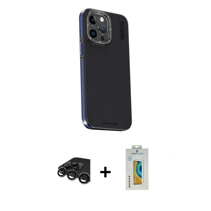 MARSİLYAN™- iPhone 15 Pro Max Kılıf Kıvılcım Modern Özel Seri - Siyah Polymer Nano Ekran Koruyucu + Raze Metal Kamera Lens - TMGI