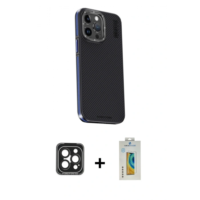 MARSİLYAN™- iPhone 15 Pro Max Kılıf Kıvılcım Modern Özel Seri - Siyah Polymer Nano Ekran Koruyucu + Siyah PVD Metal Kamera Lens