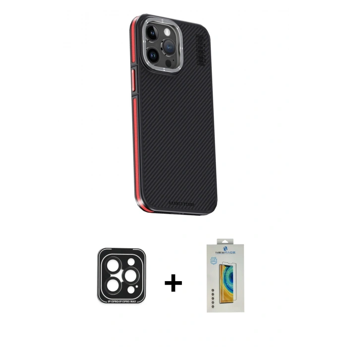 MARSİLYAN™- iPhone 15 Pro Max Kılıf Kıvılcım Modern Özel Seri - Siyah Polymer Nano Ekran Koruyucu + Siyah PVD Metal Kamera Lens