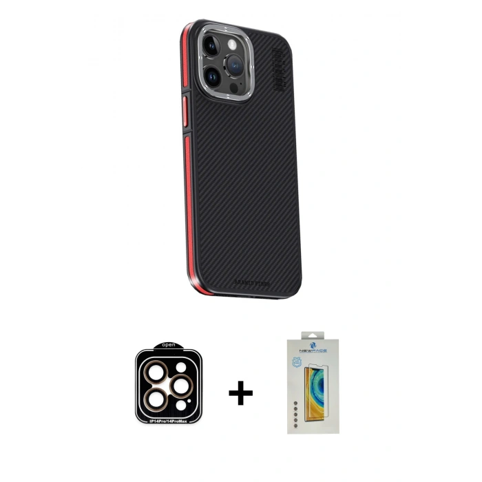 MARSİLYAN™- iPhone 15 Pro Max Kılıf Kıvılcım Modern Özel Seri - Siyah Polymer Nano Ekran Koruyucu + Turuncu PVD Metal Kamera Lens