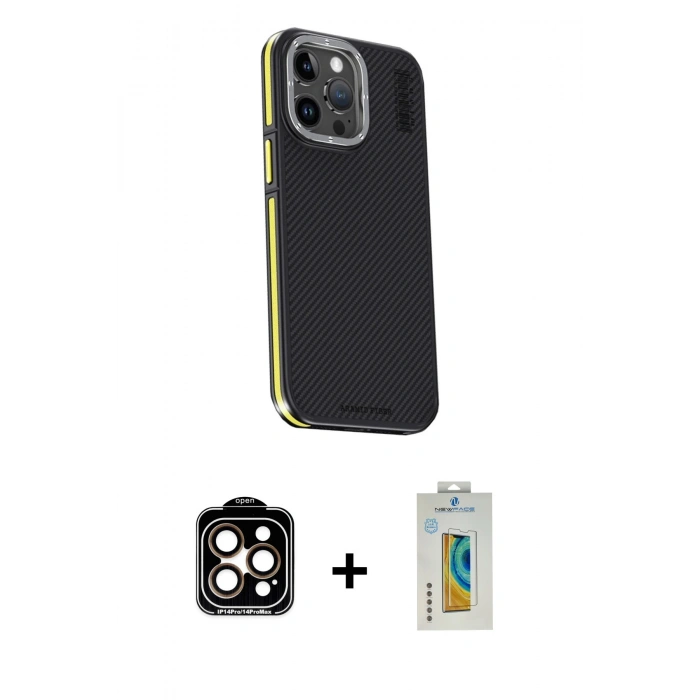 MARSİLYAN™- iPhone 15 Pro Max Kılıf Kıvılcım Modern Özel Seri - Siyah Polymer Nano Ekran Koruyucu + Turuncu PVD Metal Kamera Lens