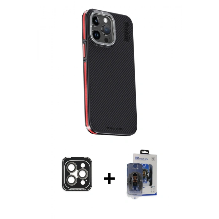 MARSİLYAN™- iPhone 15 Pro Max Kılıf Kıvılcım Modern Özel Seri - Siyah Vanessa Magic Cam + Gri PVD Metal Kamera Lens