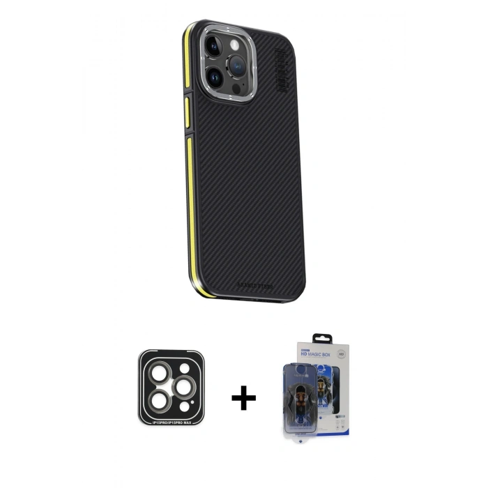 MARSİLYAN™- iPhone 15 Pro Max Kılıf Kıvılcım Modern Özel Seri - Siyah Vanessa Magic Cam + Gri PVD Metal Kamera Lens