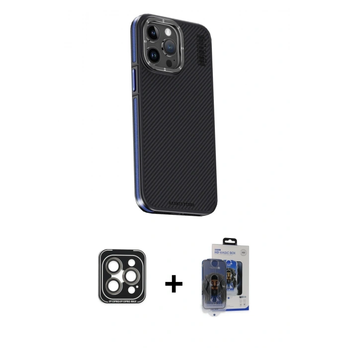 MARSİLYAN™- iPhone 15 Pro Max Kılıf Kıvılcım Modern Özel Seri - Siyah Vanessa Magic Cam + Gri PVD Metal Kamera Lens