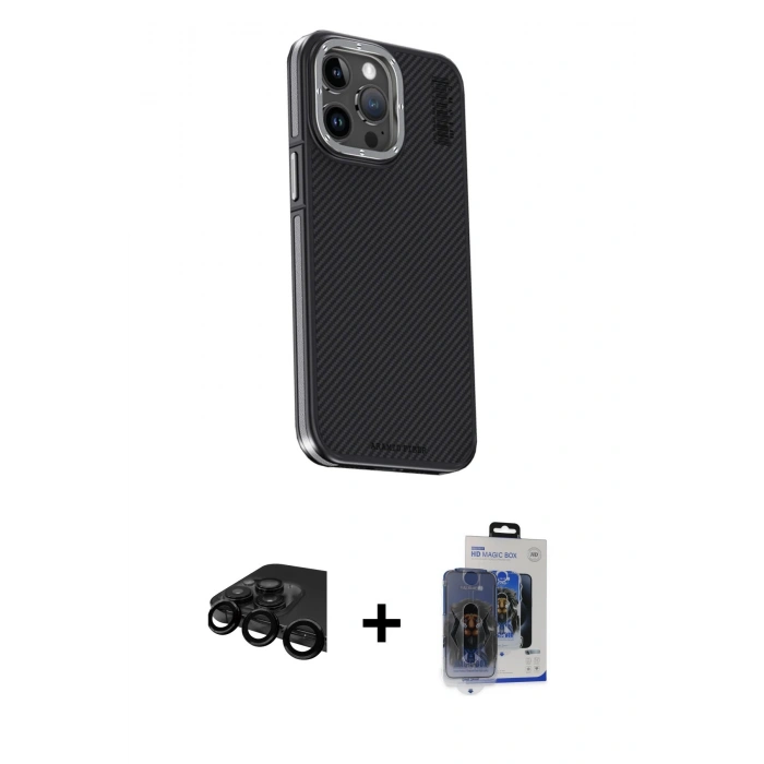 MARSİLYAN™- iPhone 15 Pro Max Kılıf Kıvılcım Modern Özel Seri - Siyah Vanessa Magic Cam + Siyah Raze Metal Kamera Lens