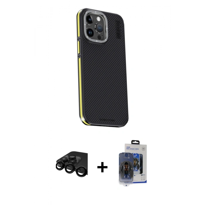MARSİLYAN™- iPhone 15 Pro Max Kılıf Kıvılcım Modern Özel Seri - Siyah Vanessa Magic Cam + Siyah Raze Metal Kamera Lens