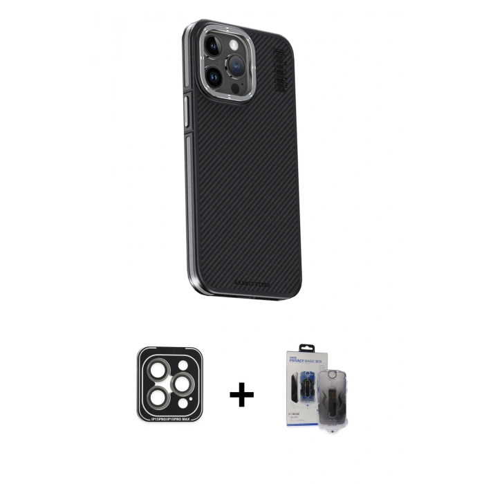 MARSİLYAN™- iPhone 15 Pro Max Kılıf Kıvılcım Modern Özel Seri - Siyah Vanessa Magic Hayalet Cam + PVD Metal Kamera Lens - GI