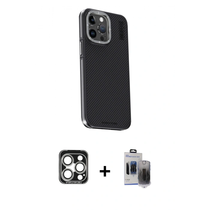 MARSİLYAN™- iPhone 15 Pro Max Kılıf Kıvılcım Modern Özel Seri - Siyah Vanessa Magic Hayalet Cam + PVD Metal Kamera Lens - GS