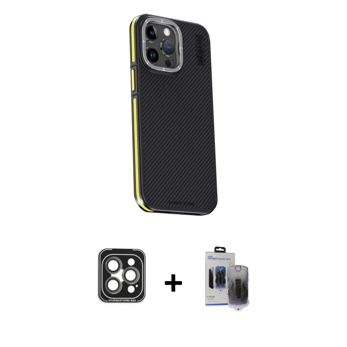 MARSİLYAN™- iPhone 15 Pro Max Kılıf Kıvılcım Modern Özel Seri - Siyah Vanessa Magic Hayalet Cam + PVD Metal Kamera Lens - GI