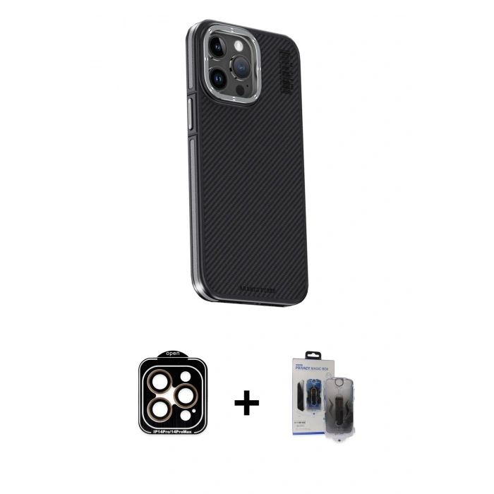 MARSİLYAN™- iPhone 15 Pro Max Kılıf Kıvılcım Modern Özel Seri - Siyah Vanessa Magic Hayalet Cam + PVD Metal Kamera Lens - TU